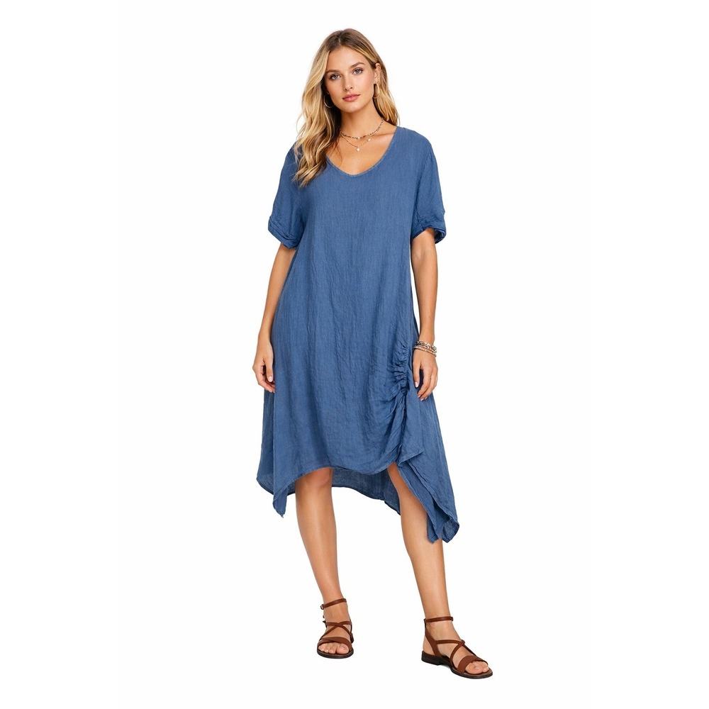 Tina Stephens Blue Jayde Drawstring Bottom Linen Lagenlook Asymmetrical Dress OS